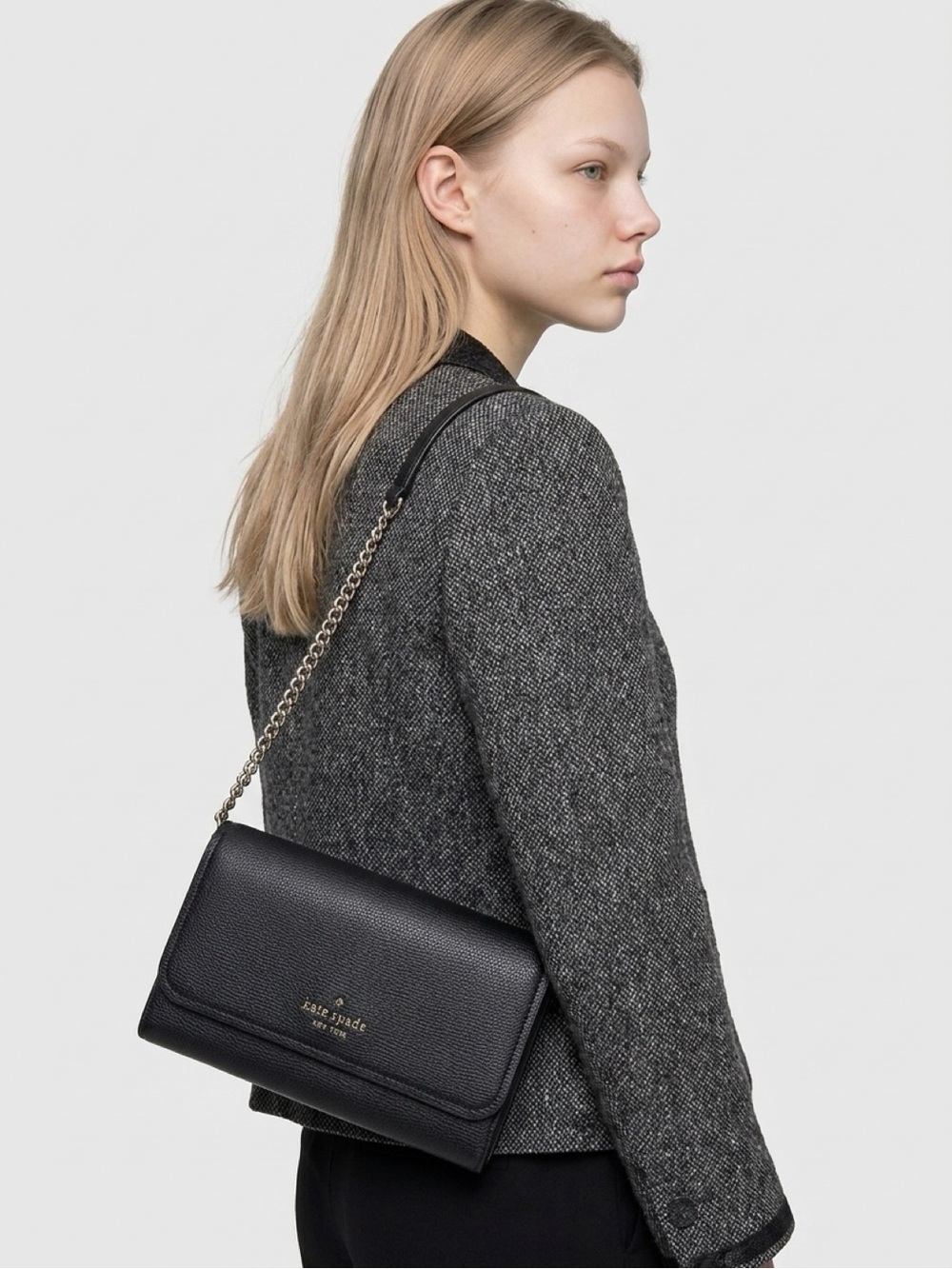 Kate Spade New York Black Pebbled Wallet on Chain Crossbody Gold Hardware